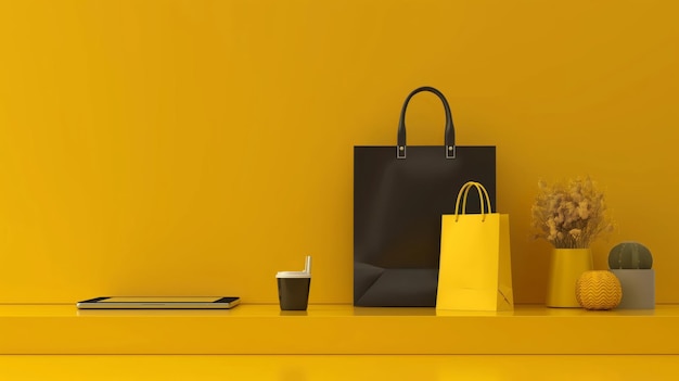 Conceito de compras minimalista em fundo amarelo