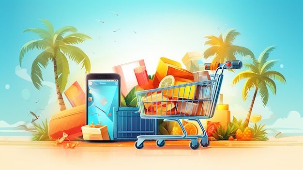 Conceito de compras on-line com carrinho de compras em frente ao smartphone
