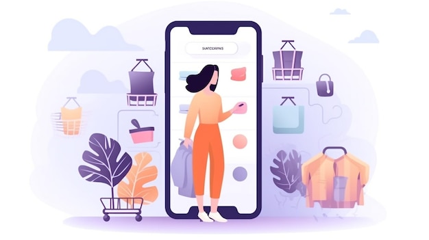 Foto conceito de compras on-line uma mulher escolhe e compra produtos na loja on-line de aplicativos móveis