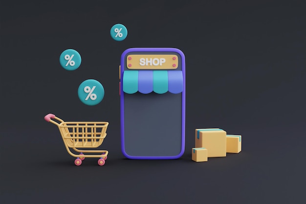 Foto conceito de compras online em smartphone 3d com carrinho e caixa de envio boxes3d render