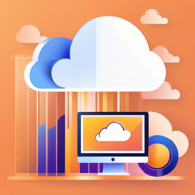 Foto conceito de computação em nuvem com computador e nuvem em fundo laranja ilustração vetorial