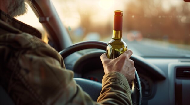 Conceito de condução perigosa embriagado com um homem segurando uma garrafa de vinho