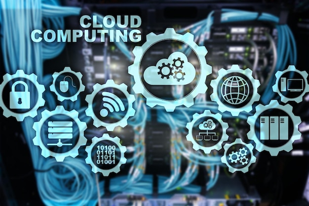 Conceito de conectividade da tecnologia de computação em nuvem no fundo da sala de servidores