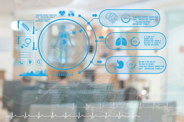 Foto conceito de conexão de rede de saúde de globo virtualciência e tecnologia de inovação médica futuros serviços e soluções inteligentes sustentáveis