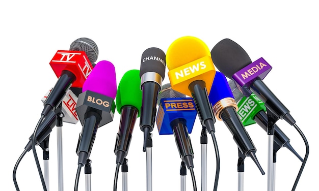 Foto conceito de conferência de imprensa ou entrevista microfones de diferentes meios de comunicação 3d