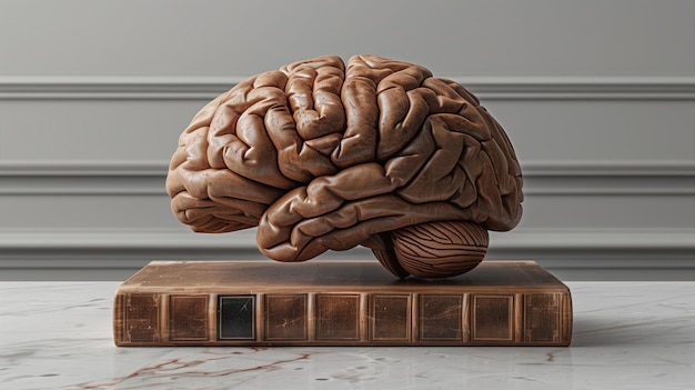 Foto conceito de conhecimento filosofia educação com livro e cérebro humano cérebro humano está aprendendo de um