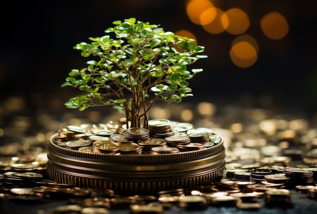 Foto conceito de conscientização ambiental conceito em verde uma árvore bonsai no topo de uma pilha de moedas