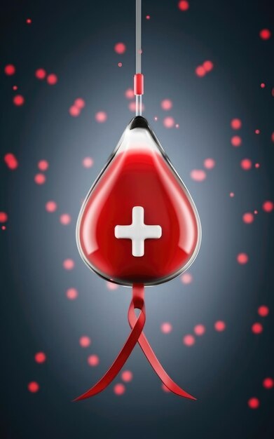 Foto conceito de conscientização com gota de sangue e fita vermelha dia mundial da hamofilia ou dia do doador de sangue