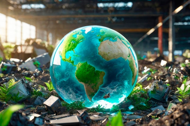 Conceito de conservação ambiental globo de vidro planeta verde em meio a vários resíduos
