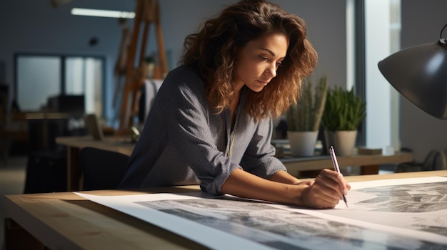 Foto conceito de construção de uma mulher engenheira ou arquitecta a trabalhar a fazer projetos no escritório