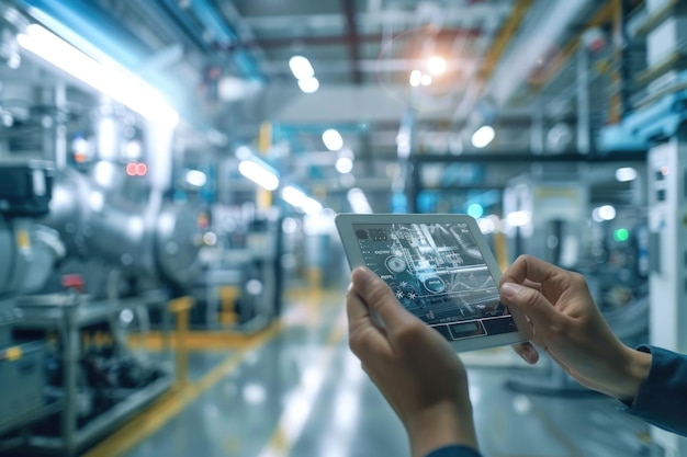 Foto conceito de controlo da indústria inteligente com tablet nas mãos