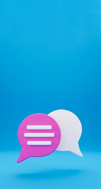 Foto conceito de conversa de bate-papo mínimo 3d. ícone de bate-papo da bolha do discurso isolado em fundo azul vertical. conceito de bate-papo de mídia social criativa de mensagem símbolo de bate-papo de comunicação ou comentário. renderização 3d