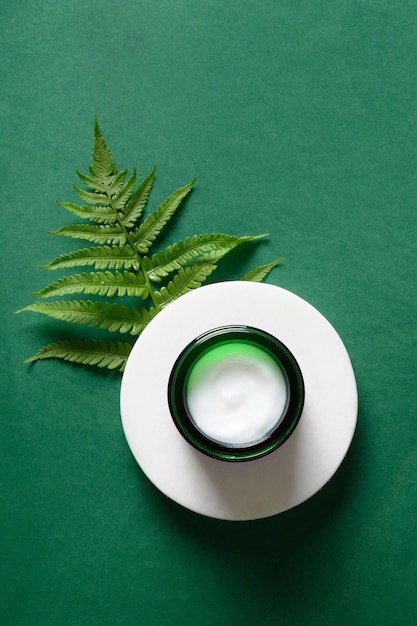 Conceito de cosmético natural com folha de samambaia no formato vertical de fundo verde