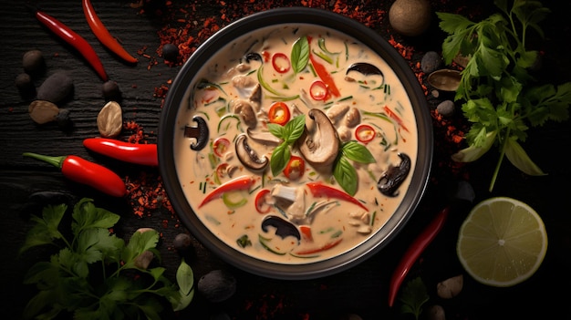Conceito de cozinha asiática Sopa tailandesa Tom yam de galinha