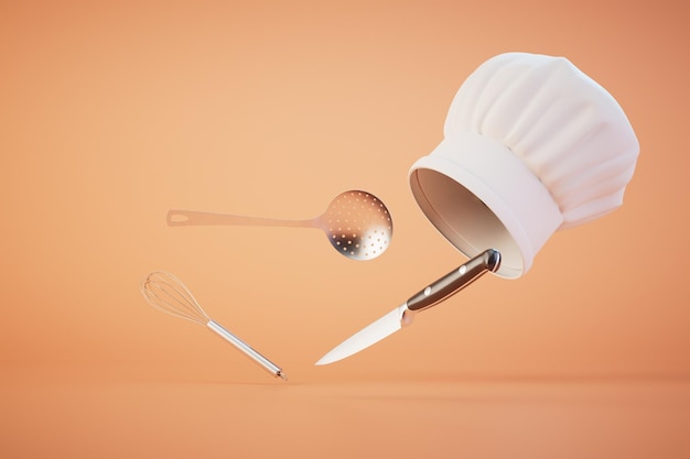 Conceito de cozinha, batedor de faca de concha de chef em uma renderização 3D de fundo pastel
