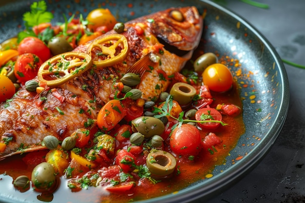 Foto conceito de cozinha mediterrânea peixe grelhado com tomate de limão ervas azeitonas e alcaparras