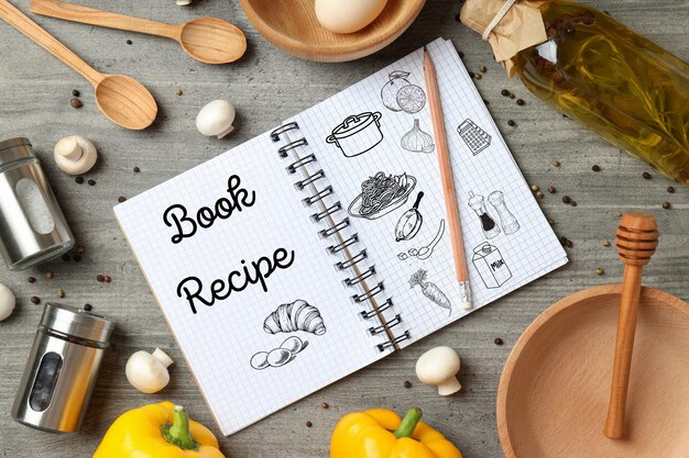 Foto conceito de cozinhar e preparar alimentos com livro de receitas