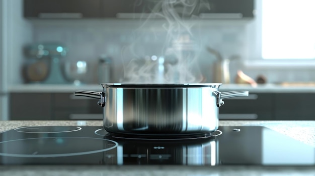 Conceito de cozinhar em uma panela de cozinha moderna em um fogão de indução Copiar espaço