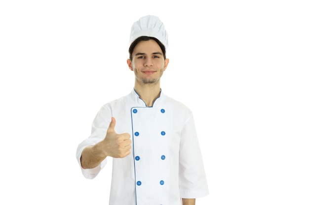 Conceito de cozinhar jovem chef isolado no fundo branco