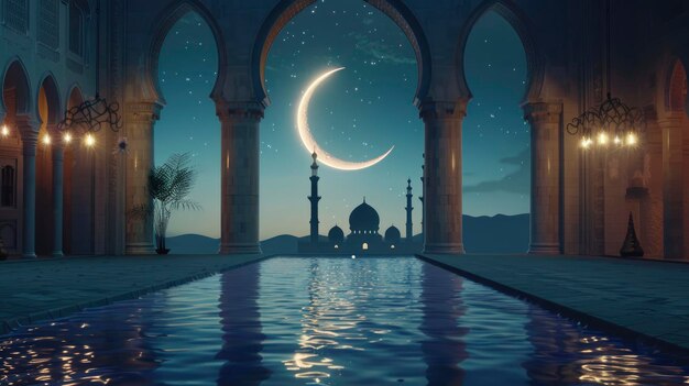 Conceito de crescente de Ramadã com mesquita e piscina