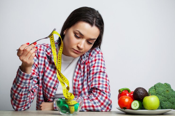 Foto conceito de crescer menina magra com um prato cheio de fita adesiva