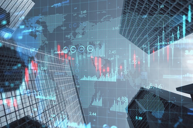 Conceito de crescimento de mercado imobiliário e global com diagrama de gráfico financeiro crescente na vista em perspectiva sobre a dupla exposição de fundo de arranha-céus