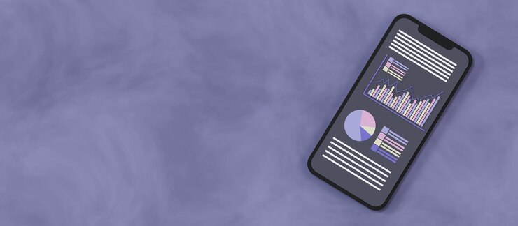 Conceito de crescimento de negócios em fundo azul Smartphone mostrando ícone de diagrama de negócios