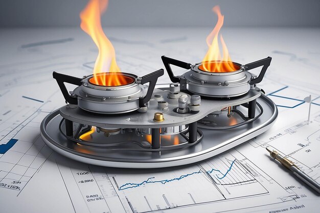Conceito de crescimento do custo do gás natural com queimadores de gás e gráficos de estoque