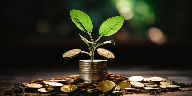 Conceito de Crescimento Financeiro Planta verde que prospera na mesa dos negócios