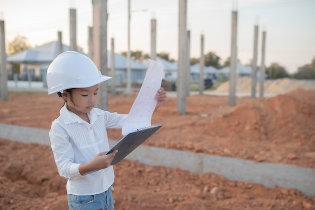 Conceito de criança engenheira Garotinha asiática usa uniforme de engenheira trabalhando no local da construção