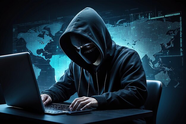 Conceito de crime na Internet Hacker trabalhando em um código em fundo digital escuro com interface digital em torno