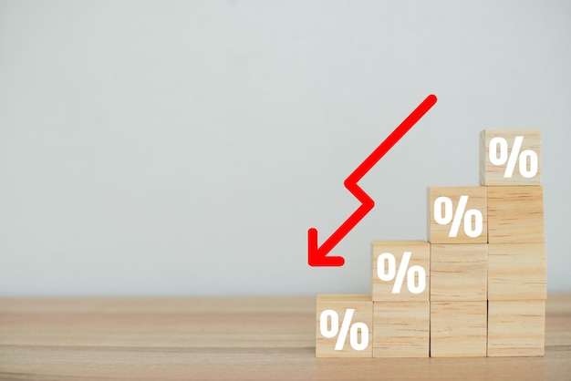 Conceito de crise financeira Sinais e símbolos de bloco de madeira em fundo branco com perda de sinal de porcentagem de capital de renda perda de redução de custo gráfico em declínio lucro