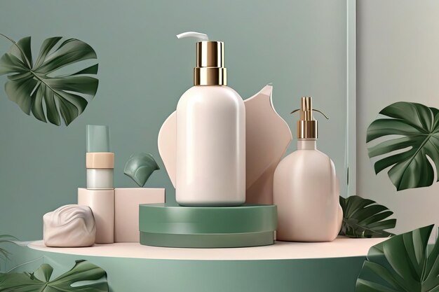 Conceito de cuidados com a pele de luxo mock-up de shampoo 3D em pódio de cubo com folhas tropicais Produto de beleza