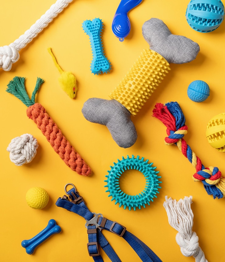 Foto conceito de cuidados com animais de estimação vários acessórios e ferramentas para animais de estimação em plano de fundo amarelo