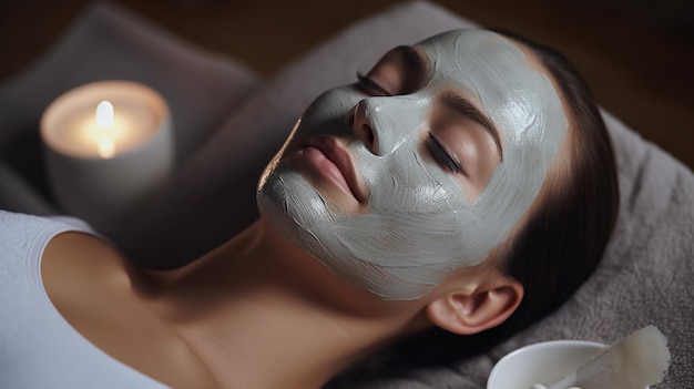 conceito de cuidados de beleza com uma mulher com máscara no rosto no salão de beleza spa