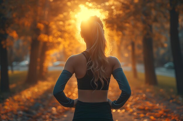 Foto conceito de cuidados de saúde saudável mulher vestindo roupas de exercício correndo em uma esteira na luz do parque