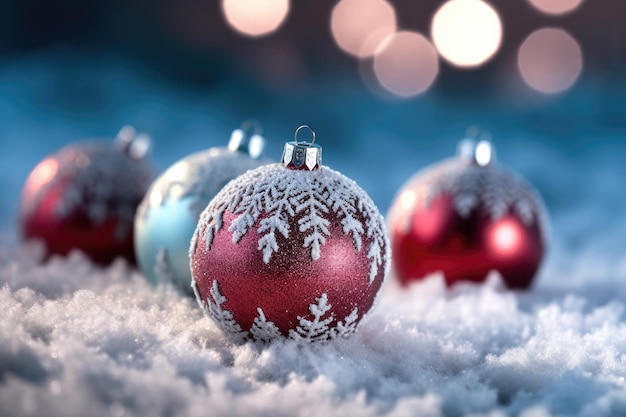 Conceito de decoração de Natal com bolas vermelhas e prateadas claras sobre fundo nevado em floresta isolada em fundo