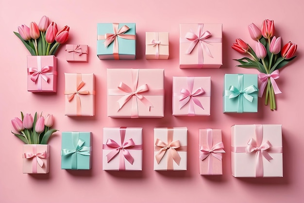 Conceito de decorações do Dia das Mães Foto de vista superior de caixas de presente da moda com laços de fita e tulipas em fundo rosa pastel isolado com copyspace