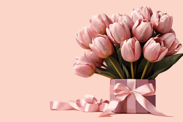 Conceito de decorações para o Dia das Mães Foto de cima de caixas de presentes de moda com laços de fita e tulipas