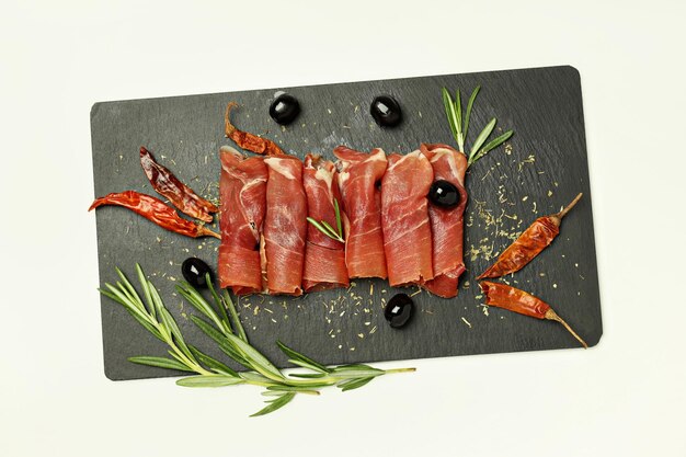 Conceito de deliciosa cozinha espanhola jamon vista superior