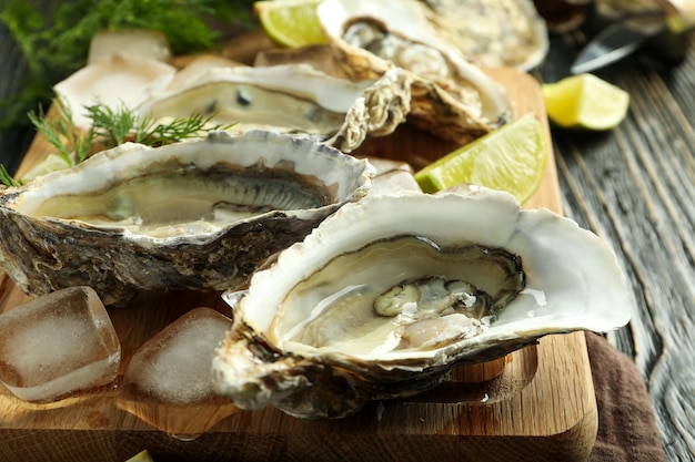 Foto conceito de deliciosas ostras de frutos do mar fecham