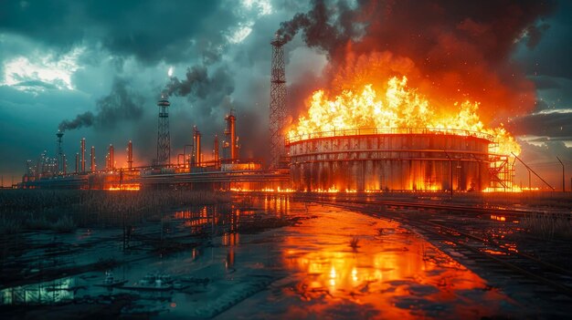 Conceito de desastre industrial incêndio numa fábrica de petroquímica de refinaria de petróleo com equipamentos