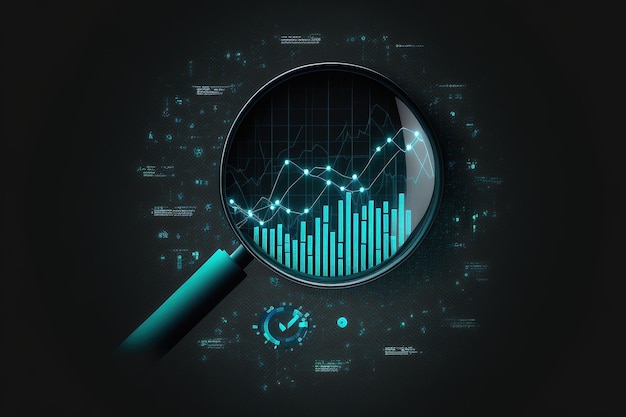 Conceito de descoberta de dados Lupa com ícone de gráfico dentro