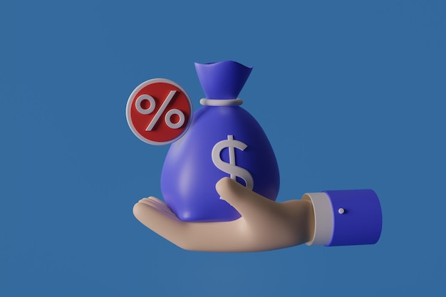 Conceito de desconto e comissão representado por sinal de porcentagem e saco de dólar na ilustração de renderização 3D de fundo azul