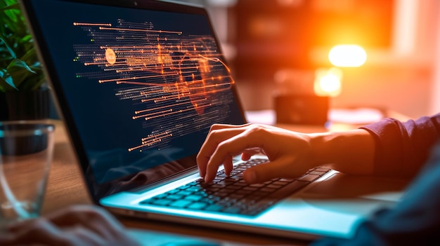 Conceito de desenvolvimento de software Engenheiro de software programador de codificação trabalhando em laptop com código de computador javascript na tela virtual Generative AI