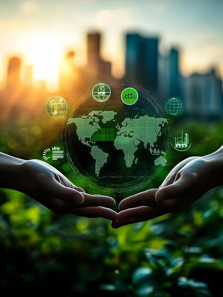 Conceito de Desenvolvimento Sustentável e Proteção Ambiental com Mapa Global e Ícones de Energia Verde