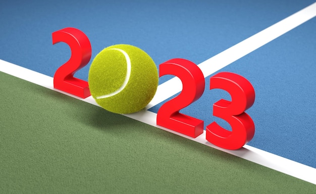Conceito de design criativo de ano novo 2023 com bola de tênis - imagem renderizada em 3D
