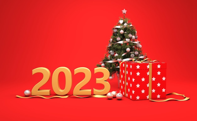 Conceito de design criativo de ano novo 2023 com caixas de presente - imagem renderizada em 3D