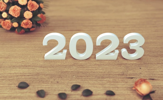 Conceito de design criativo de ano novo 2023 com rosa - imagem renderizada em 3D