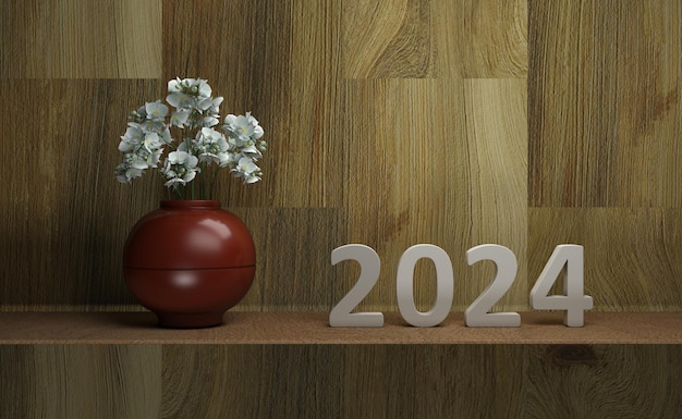 Conceito de design criativo de ano novo 2024 com imagem renderizada em 3D de flores